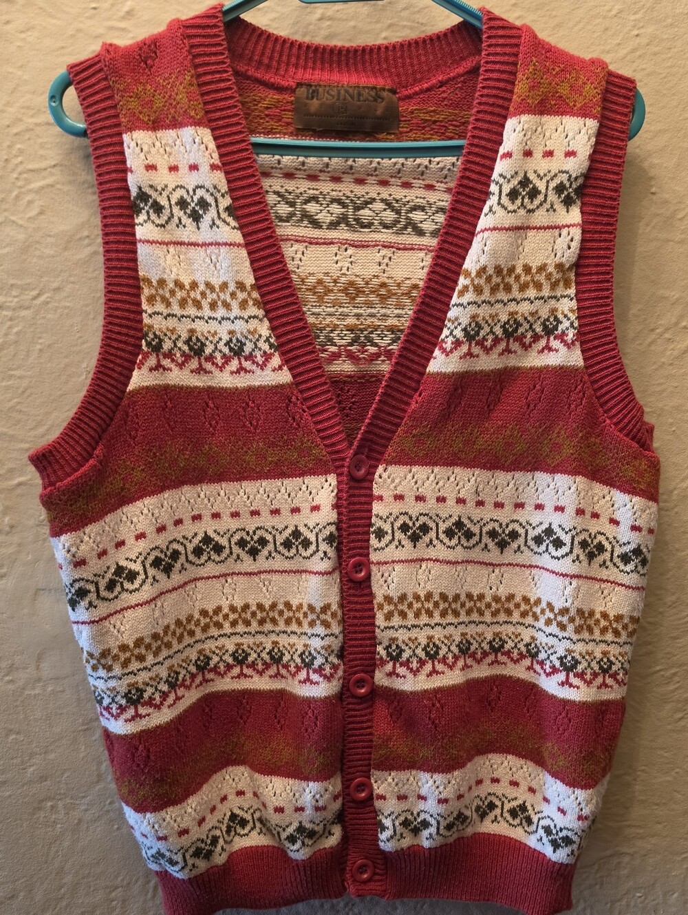 Vintage Business People Fair Isle Sweater Vest Red Button Front Made Canada